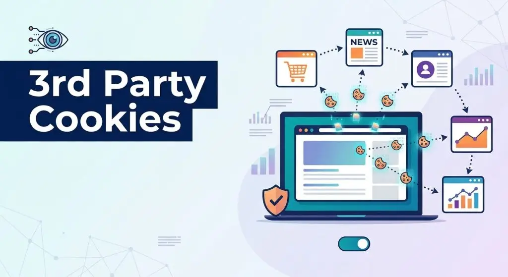 Banner reading '3rd Party Cookies' with a laptop and data icons illustrating third-party tracking and analytics tools.