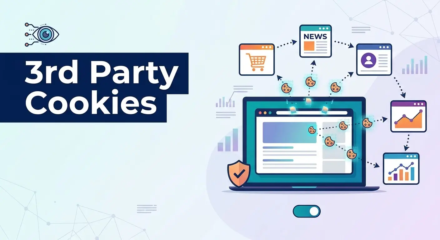 Banner reading '3rd Party Cookies' with a laptop and data icons illustrating third-party tracking and analytics tools.